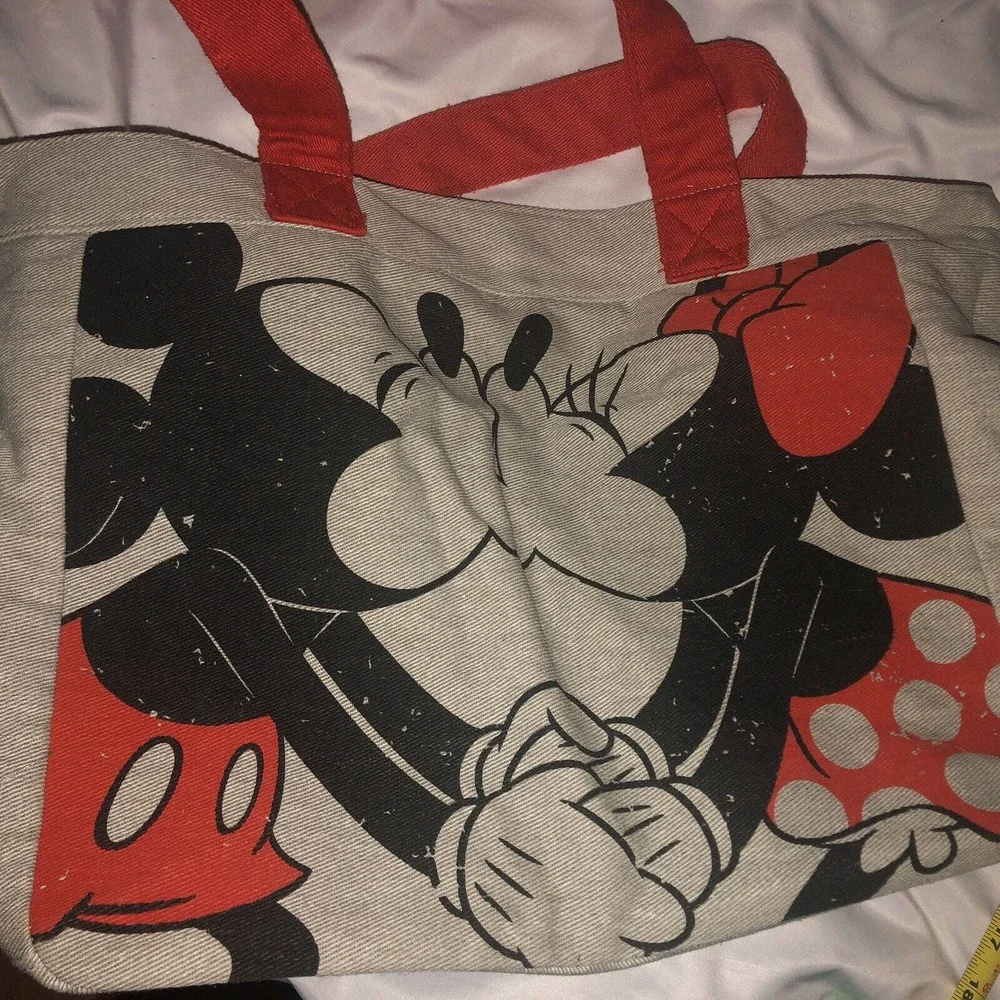 Disney Store Mickey & Minnie Mouse‎ Canvas Tote Bag Logo Gray Black Red Graphic